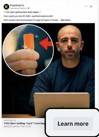 Meta feed advertisement using a photo of a man at a laptop with a small inset product image and a Learn more button