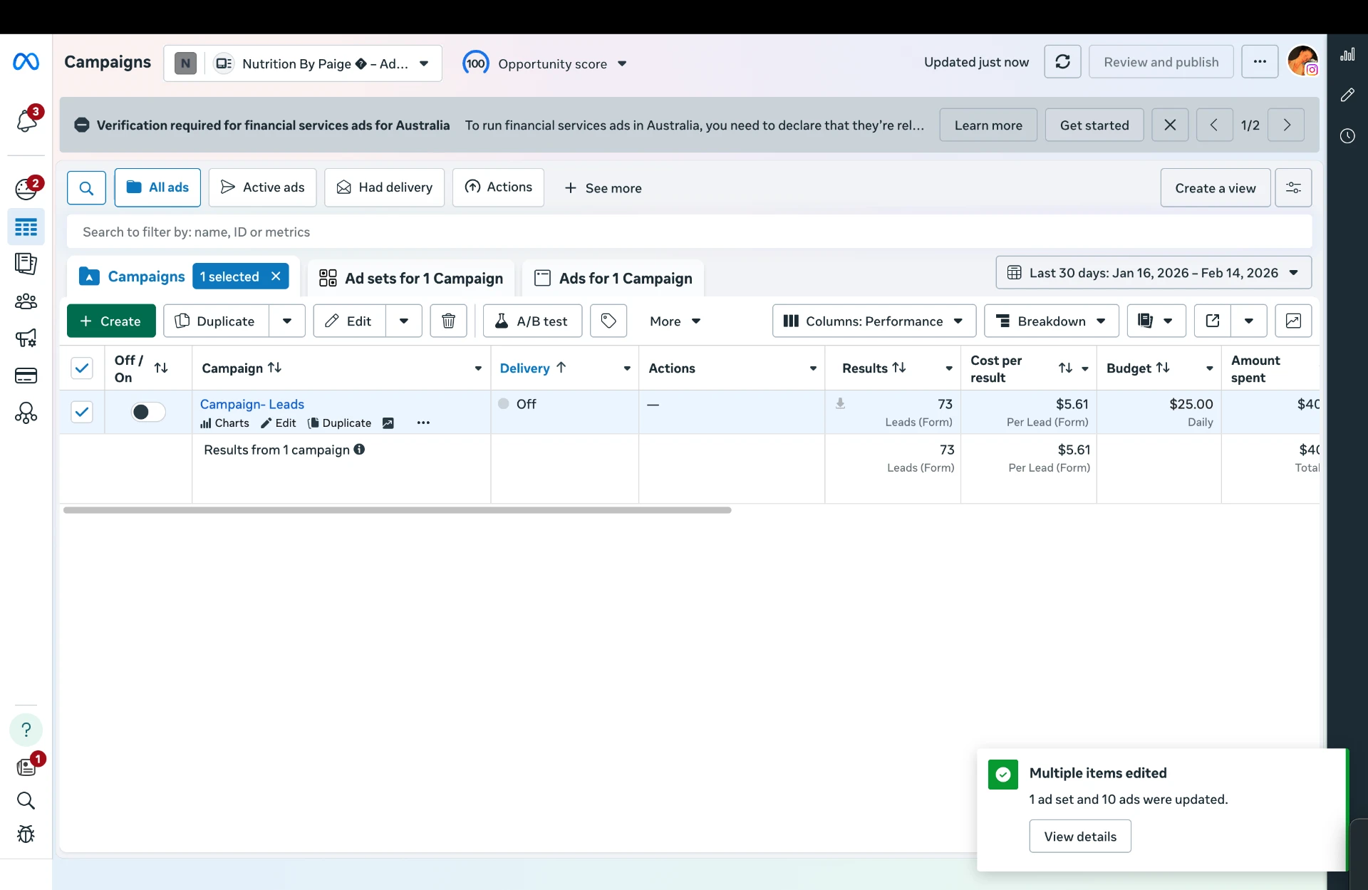 Meta Ads Manager showing 73 leads at $5.61 average cost per lead