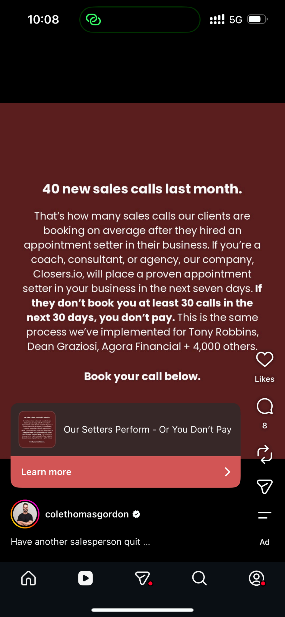 Vertical video ad frame with a bold on-screen headline reading 40 new sales calls last month